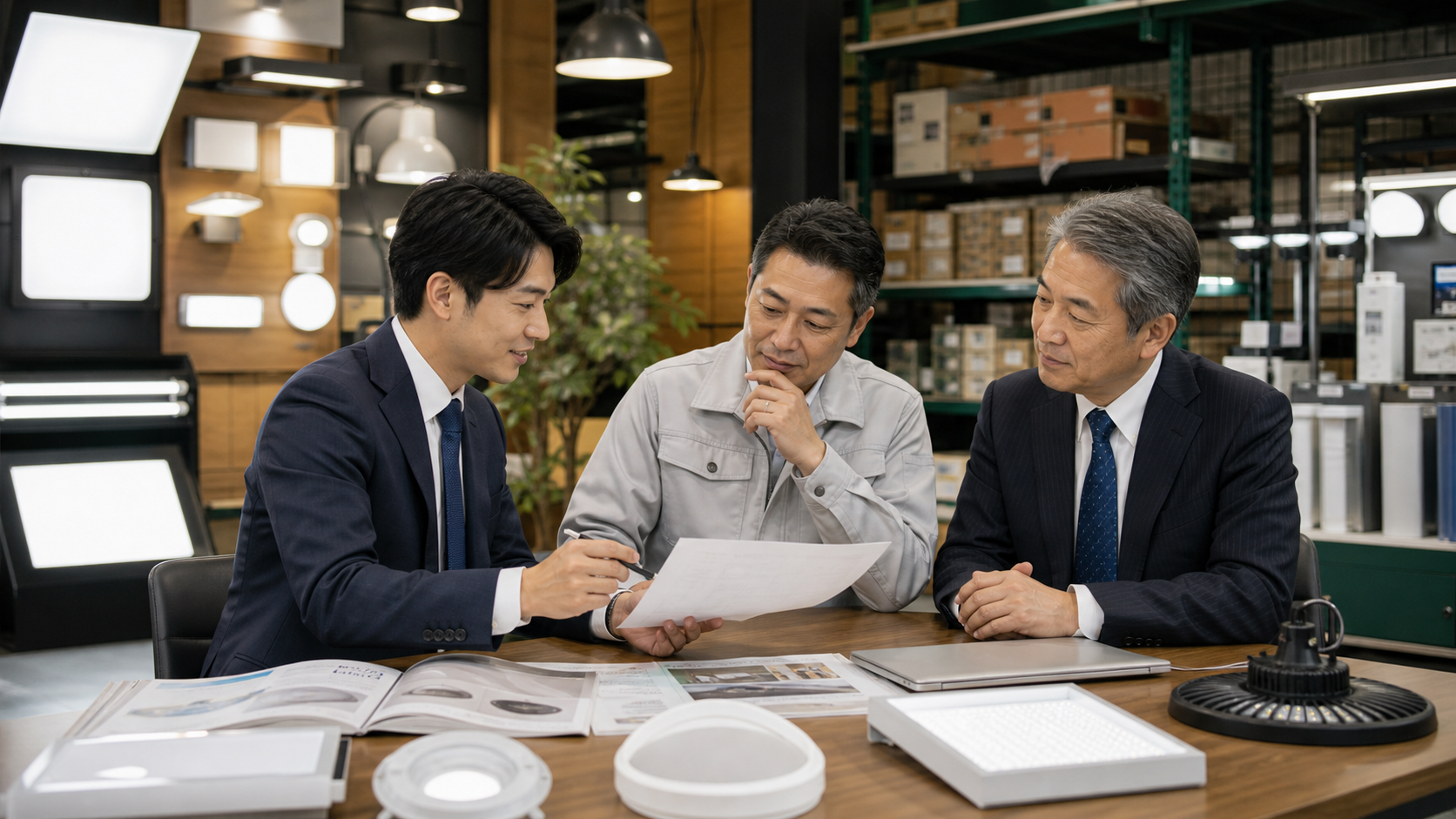 LED照明機器を前に事業承継の資料を確認する商社担当者と経営者