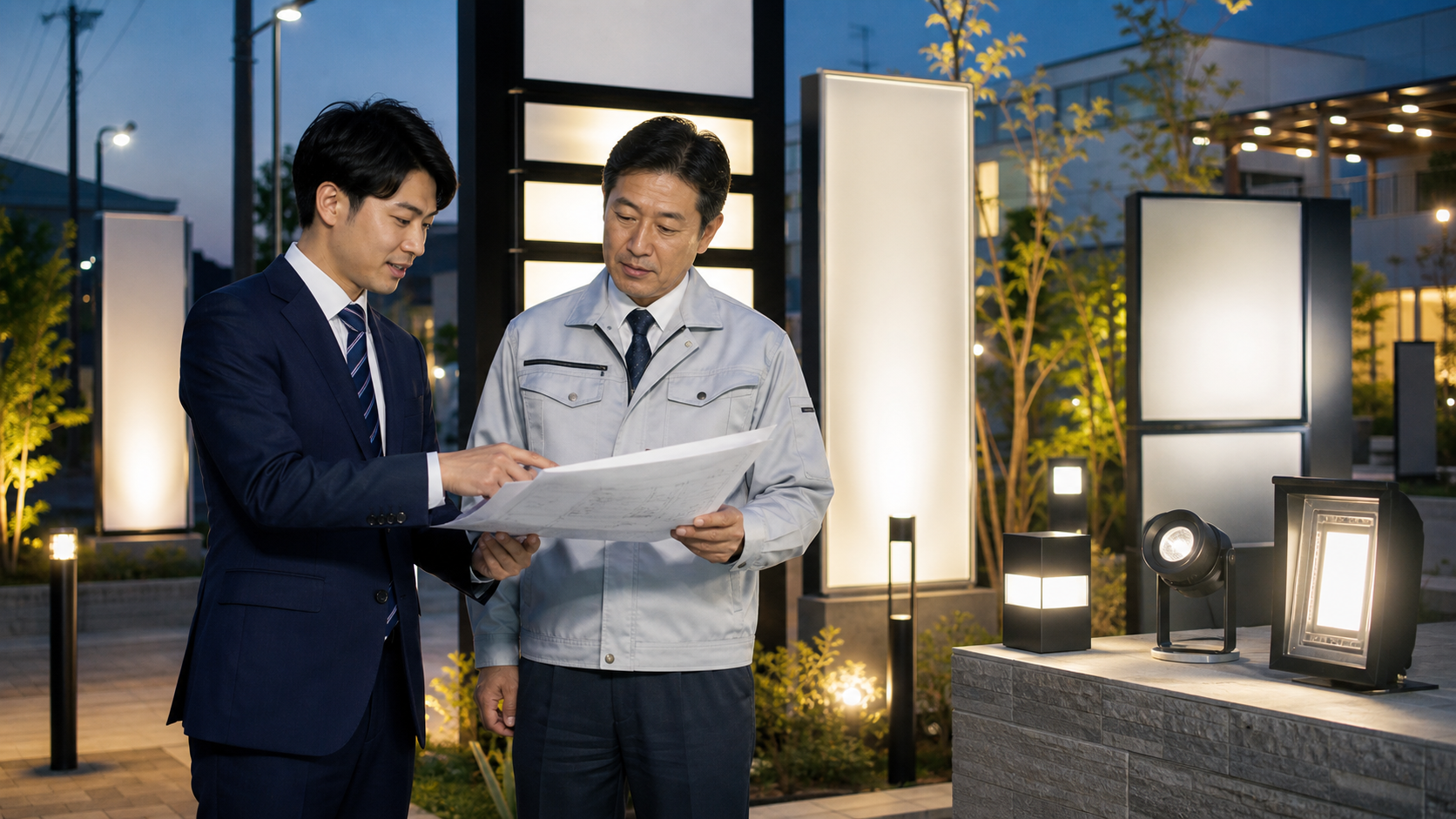屋外照明とLEDサインの現場で図面を確認する担当者