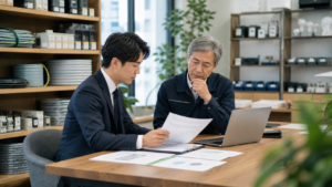 電設資材商社の事務所で匿名資料を確認する経営者とM&Aアドバイザー