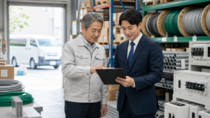 電材会社の倉庫で承継チェックリストを確認する経営者とM&Aアドバイザー