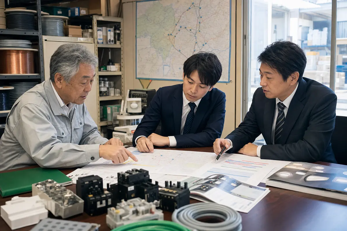 電材会社の承継についてオーナーと専門家が相談している様子