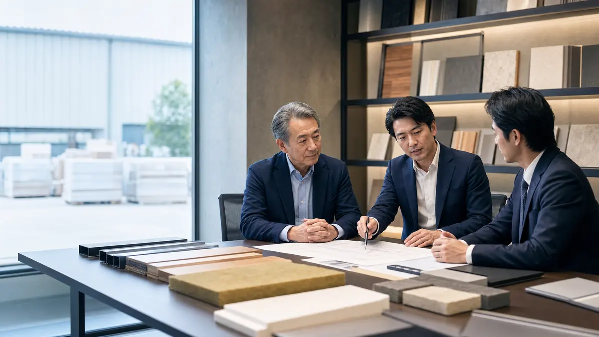 電材会社の譲渡相談でオーナーと専門家が資料を確認している様子