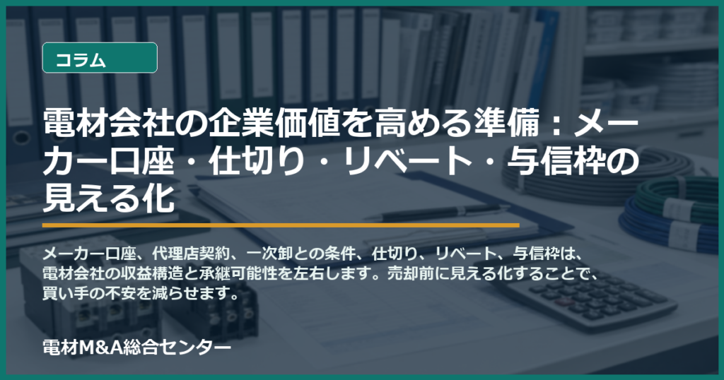 電材会社の企業価値を高める準備：メーカー口座・仕切り・リベート・与信枠の見える化のアイキャッチ画像