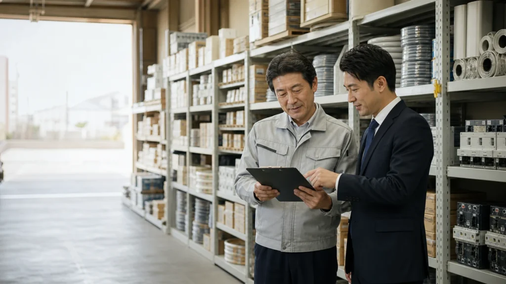 電材倉庫で在庫と事業承継計画を確認する経営者とM&A支援担当者