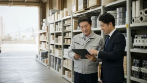 電材倉庫で在庫と事業承継計画を確認する経営者とM&A支援担当者