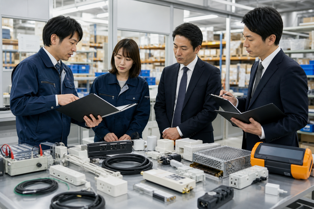 電材会社の製品安全DDで担当者が電気部材と検査記録を照合する様子
