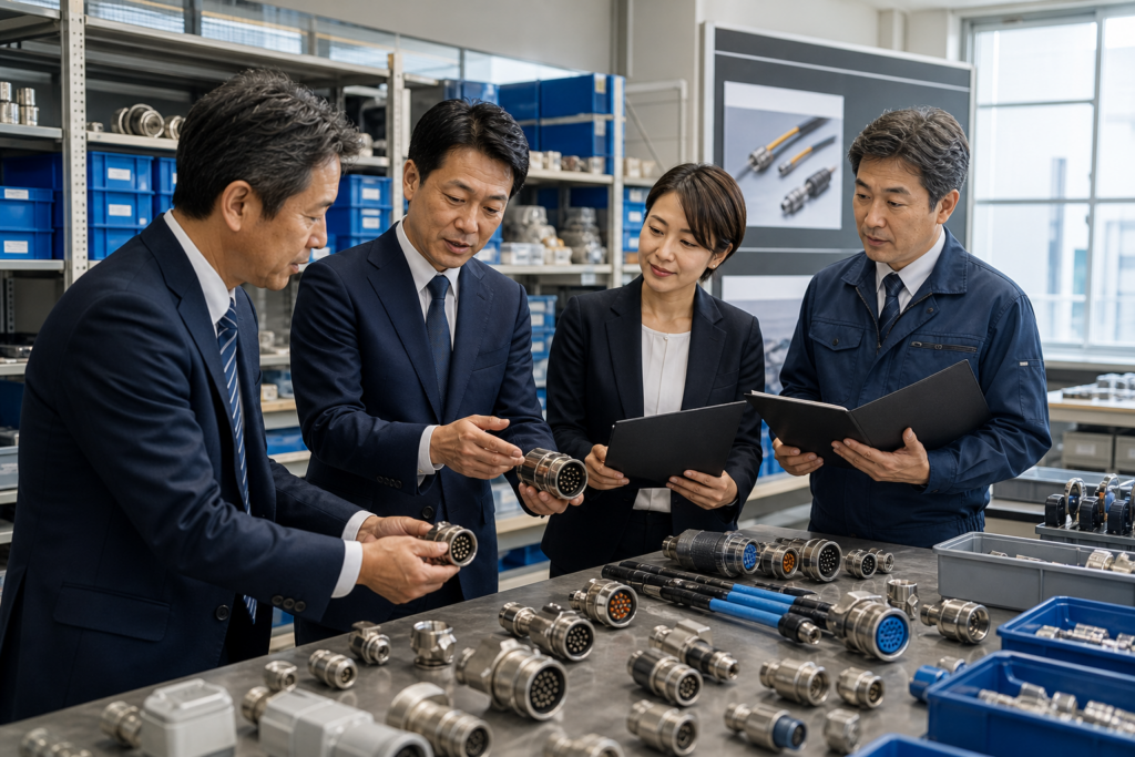 丸紅によるソルトンM&Aを象徴する産業用コネクタ・技術営業・物流のイメージ