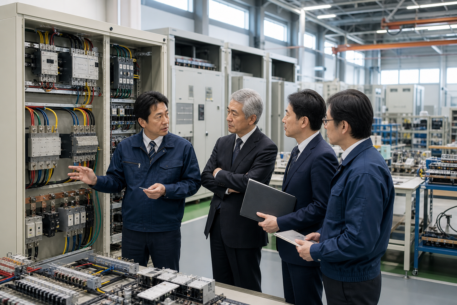 サノヤスによる松栄電機M&Aを象徴する通信インフラ向け配電盤の設計・検査現場