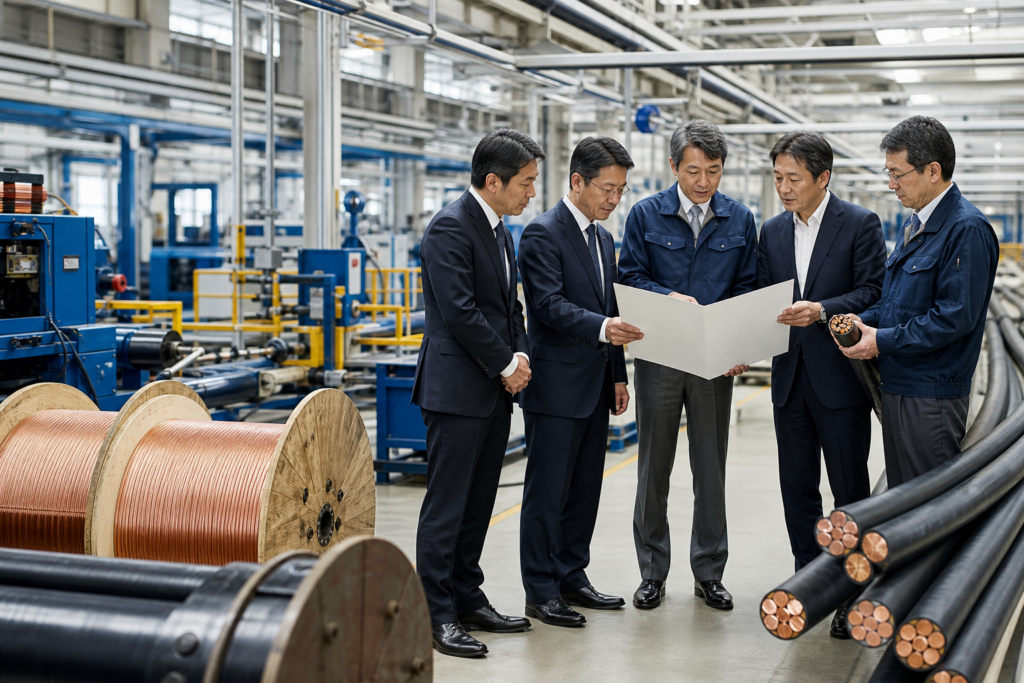 SFCCへの汎用電線製造事業統合と製販一体化を示す電線工場・在庫・物流のイメージ